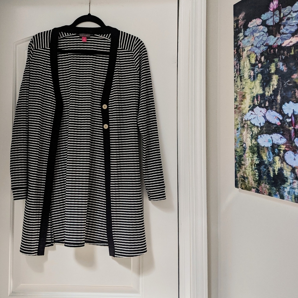 VINCE CAMUTO Black and White Stripe Long Cardigan